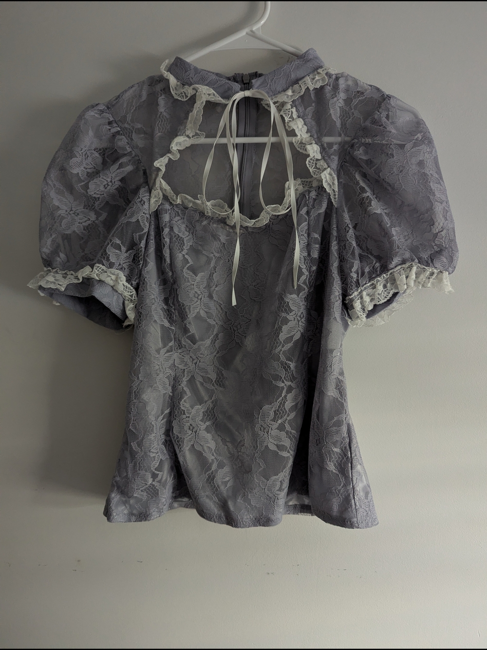 Somedays Cloudy Blue Lace Puff Sleeve Cut Out Tie Top